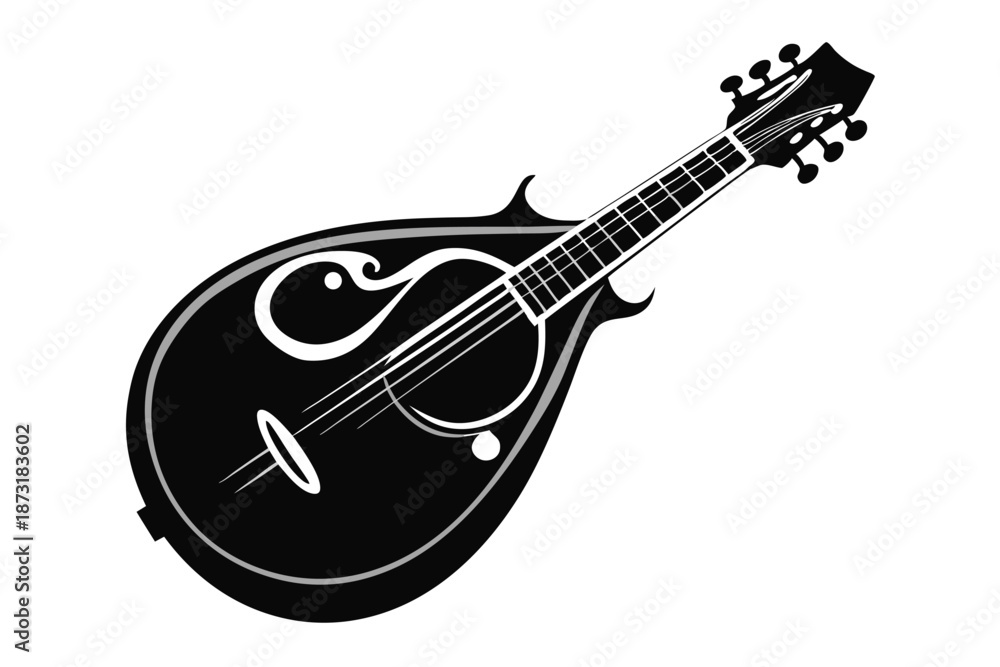 Obraz premium Vintage Style Mandolin Silhouette, Simple Black and White Vector Illustration of a Classic Stringed Instrument