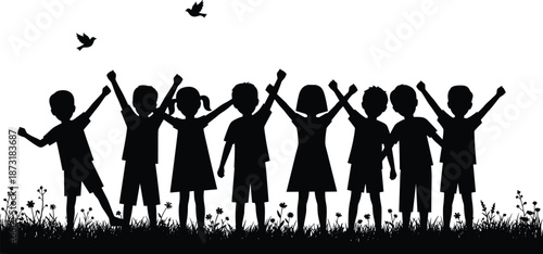 Happy children silhouettes holding hands, joyful kids friendship celebration, unity and togetherness concept, group of boys and girls outdoors, birds flying, black vector illustration