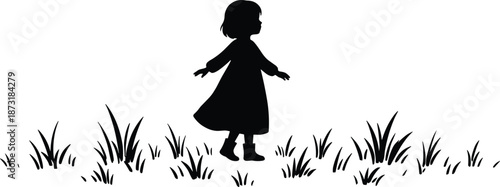 Silhouette of a little girl standing in a grassy field, childhood nature exploration, minimalist black and white vector art, outdoor summer landscape