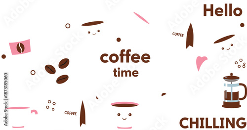 Cute coffee time concept illustration with coffee beans French press and smiling cup characters for cafe design.