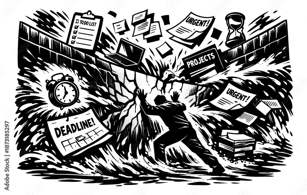 Fototapeta premium Overwhelmed worker struggles with urgent deadlines and tasks in chaotic office environment