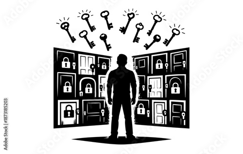 Silhouette of person facing multiple locked doors and keys