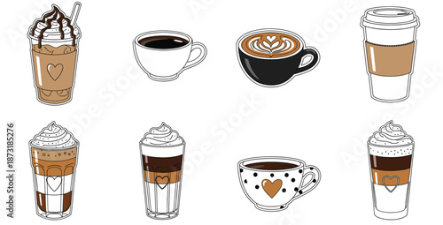 Set of hand drawn coffee illustrations including latte art cappuccino frappe and espresso in various cups and glasses.