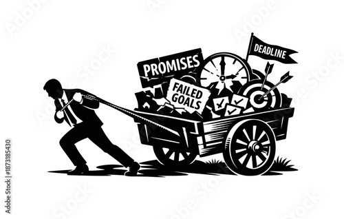Struggling businessman pulling heavy cart of promises goals and deadlines