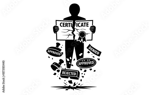 Broken certificate symbolizing success and failure in approval and rejection process