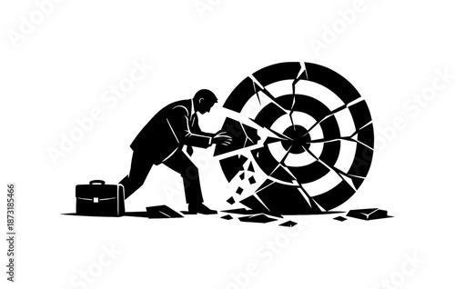 Businessman breaking target symbolizing overcoming challenges and persistence