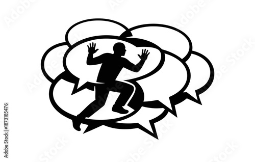 Silhouette of man trapped in thought bubbles with hands raised