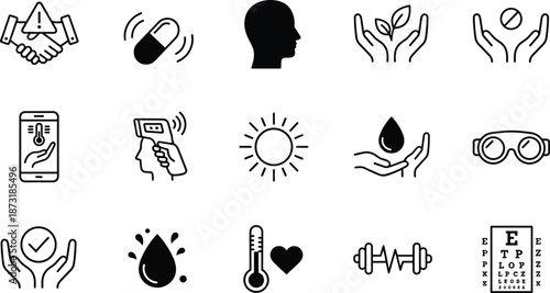 Healthcare and Wellness Line Icons Set Featuring Medical Safety Medicine Temperature Vision Fitness Hydration and Environmental Care Concepts Isolated on White Background
