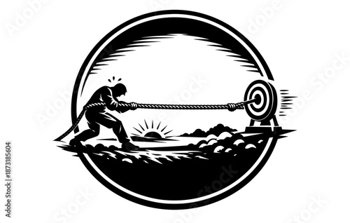 Silhouette of male pulling rope against resistance at sunrise