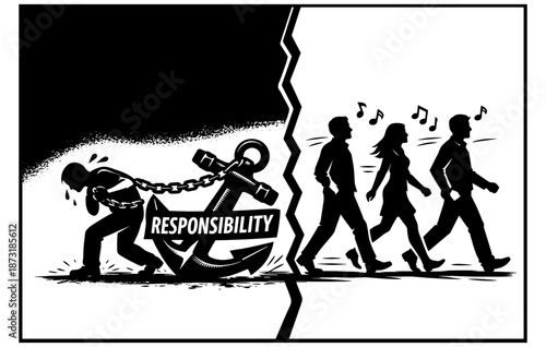 Male burdened with responsibility while others walk freely in contrast