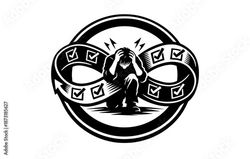 Monochrome illustration of stress and burnout in infinite workflow