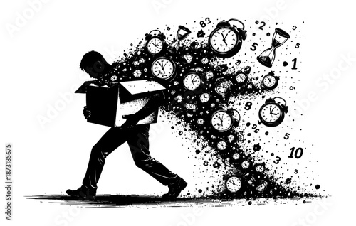 Silhouette of male carrying box with clocks and numbers emanating in artistic design