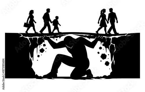 Silhouette of burdened figure under cracking ground with people walking above