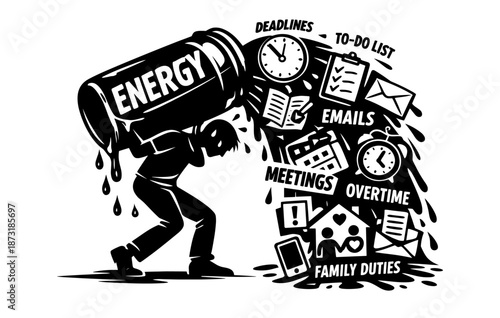 Overwhelmed person carrying energy drink with work and family responsibilities draining