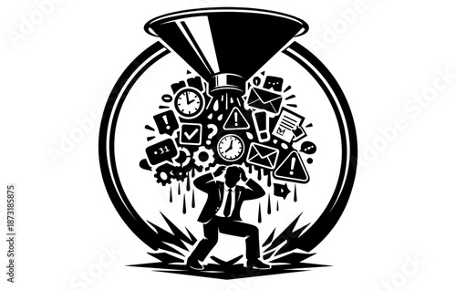 Overwhelmed businessman under stress: managing time and workflow challenges