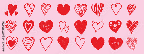 Valentine heart doodle set vector illustration with hand drawn red hearts and love symbols on pink background. Cute romantic design for greeting cards, invitations, posters, stickers.
