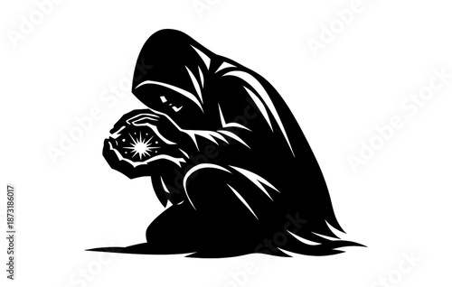 Hooded figure holding glowing orb in monochrome silhouette art design