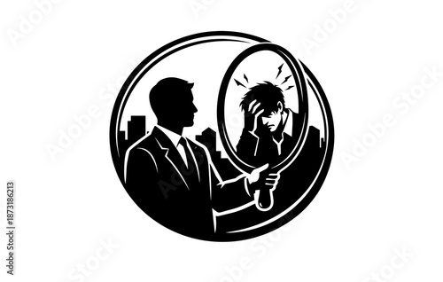 Silhouette reflection: businessman faces stress in mirror with city skyline background