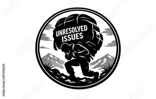 Silhouette of burdened figure carrying unresolved issues in mountainous landscape
