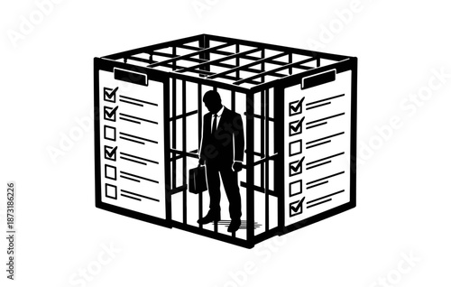 Silhouette of businessman trapped in cubical cage of checklists