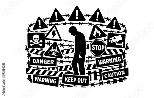 Silhouette of person surrounded by warning signs and barbed wire