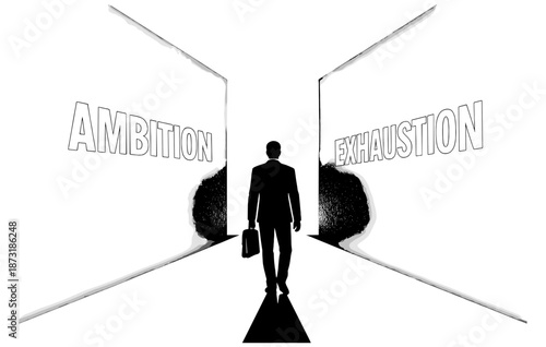 Silhouette of businessman choosing between ambition and exhaustion