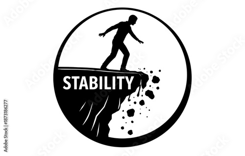 Silhouette of person balancing on crumbling cliff edge with 'stability' text
