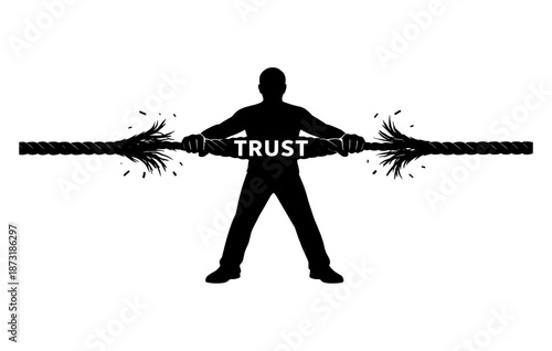 Silhouette of person pulling frayed rope symbolizing trust tension breakage