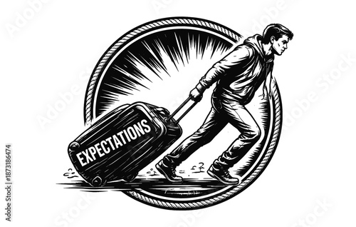 Young caucasian male carrying heavy suitcase of expectations in black and white art