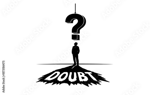 Silhouette of person standing under hanging question mark