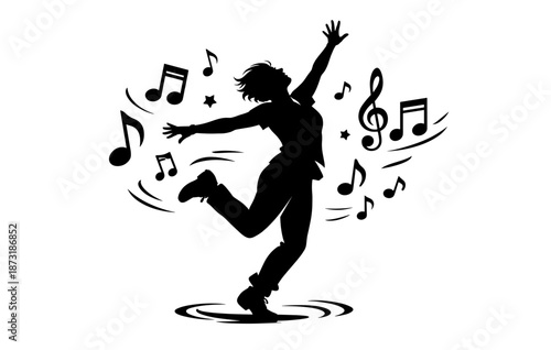 Excited female silhouette dancing joyfully with musical notes around