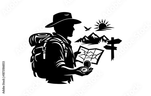 Silhouette of outdoor explorer with backpack, compass, and map in wilderness setting