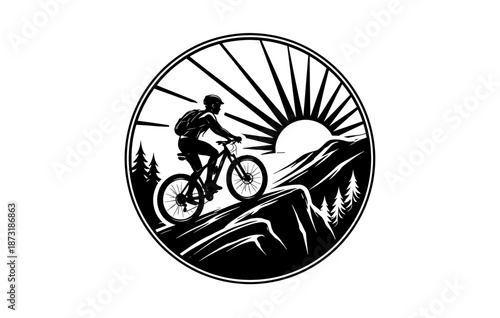 Mountain biking at sunrise silhouette with environmental nature scene