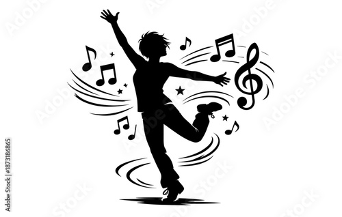 Silhouette of dancing person with music notes and swirls