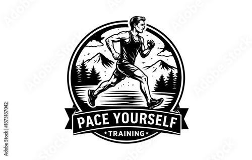 Male asian young adult running outdoors logo with mountains and trees