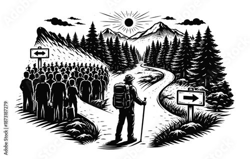 Hiker chooses solitary path among two diverging forest trails with mountain view