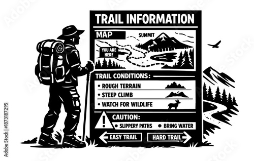 Hiker reading trail information sign with map and cautionary details in mountainous area