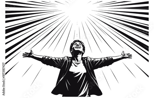 Monochrome illustration of young adult embracing light with outstretched arms