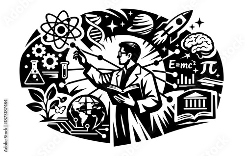 Science exploration: caucasian male scientist with lab equipment and space elements