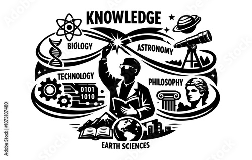 Exploration of knowledge: science and philosophy symbols in black and white design