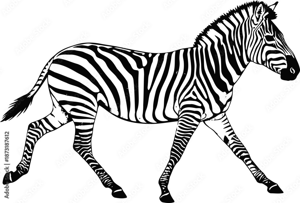 Fototapeta premium zebra walking side view with distinct black and white stripes on white background