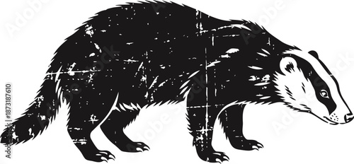 grunge badger silhouette with rough texture and distressed effect, wild animal illustration