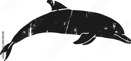 Vintage dolphin silhouette with distressed texture swimming in water