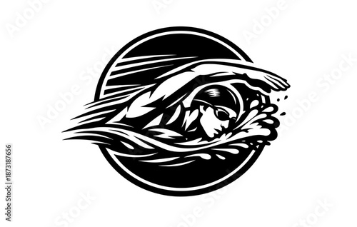 Monochrome male swimmer in action with dynamic water splash