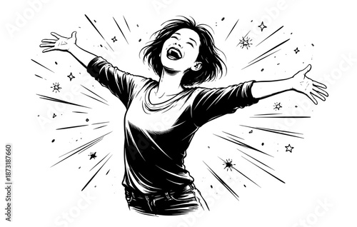 Joyful asian female youth expressing freedom and happiness in energetic black and white art