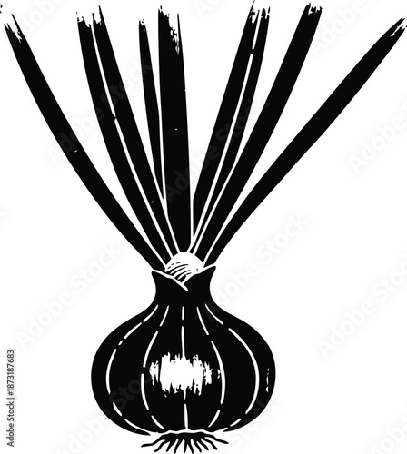 Black silhouette of a garlic bulb with long green stems isolated on white background