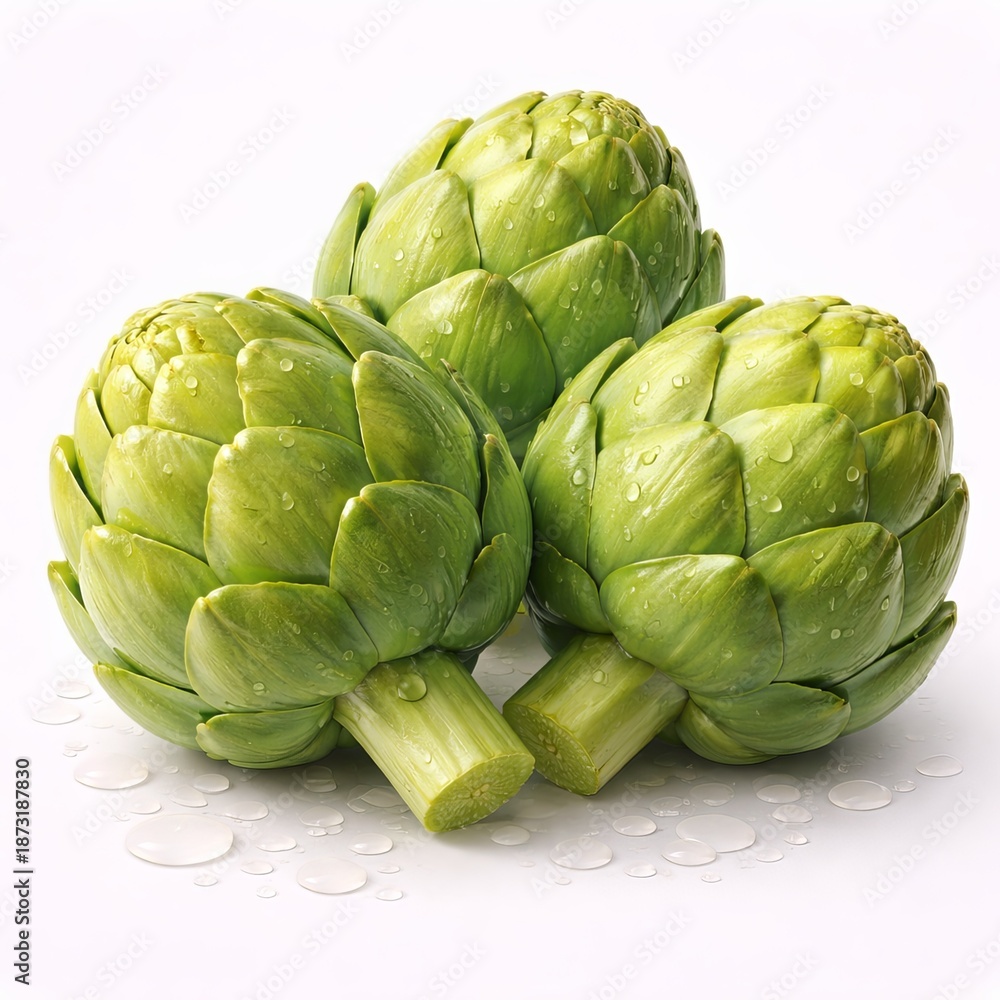 Fototapeta premium 3D semi-realistic illustration of whole artichokes with layered green bracts, smooth waxy sheen, compact rounded form, realistic moisture droplets, strong rounded volumetric depth