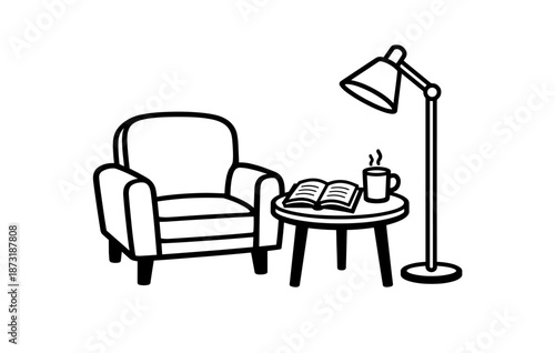 Cozy reading nook with armchair, side table, open book, mug, and floor lamp