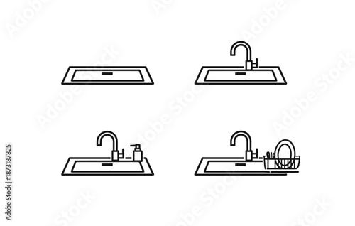Progressive sink usage: washing stages from empty to full with dishes and soap