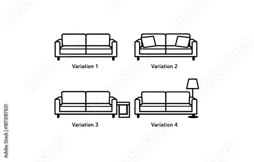 Minimalist sofa set variations with accessories in black and white design